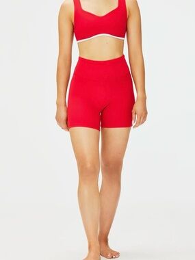 Year of Ours Red High-Rise Athletic Bike Shorts and matching bra